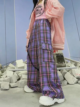HOUZHOU Gooti Harajuku Lilla Kontrollida Püksid Naiste Hipi Kett Ruuduline Cargo Püksid Y2K Esteetiline Streetwear Kõrge Vöökoht Püksid