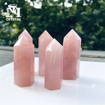 Natural Rose Crystal Punkt Roosa Kvarts Kivi Kuusnurkne Prisma Ornament Reiki Tervendav Võlukepp Gemstone Crystal Tower