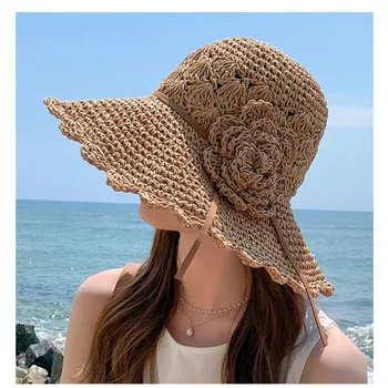 2021 MOOD Suvel Uus Naiste Päike Müts Kopp ühise põllumajanduspoliitika beež pits Bowknot Lilled Lindi Korter top Panama pehme Straw Hat Beach Mütsid